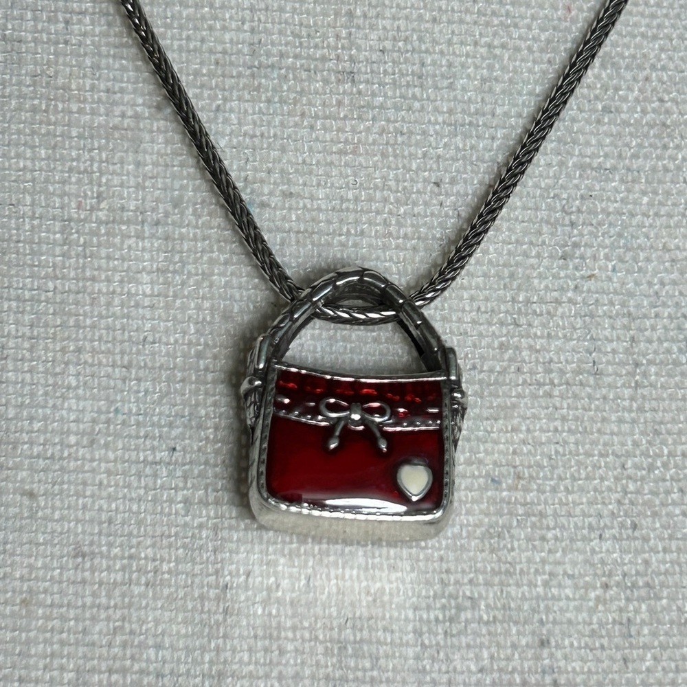 Brighton Red Purse Charm Necklace Silver Plated Enamel 16" Adjustable - Picture 2 of 10